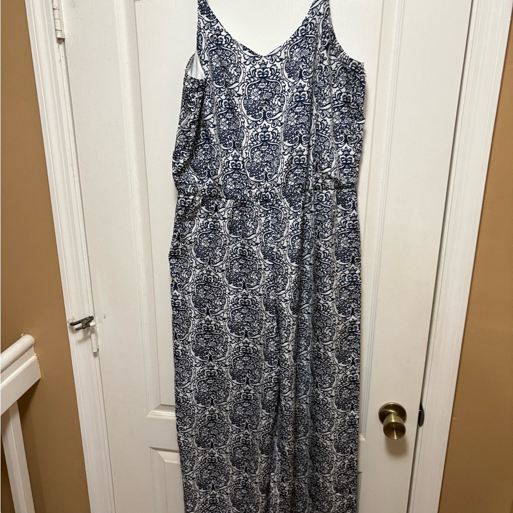 Navy Blue and White Floral Wide-Leg Jumpsuit